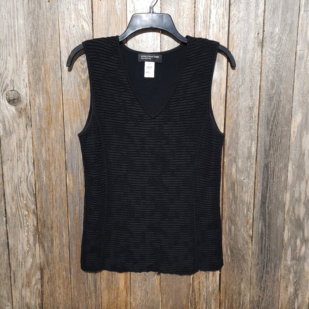 Jones NY Tank Sweater Top M Black Rayon Textured Sleeveless Stretch V Neck